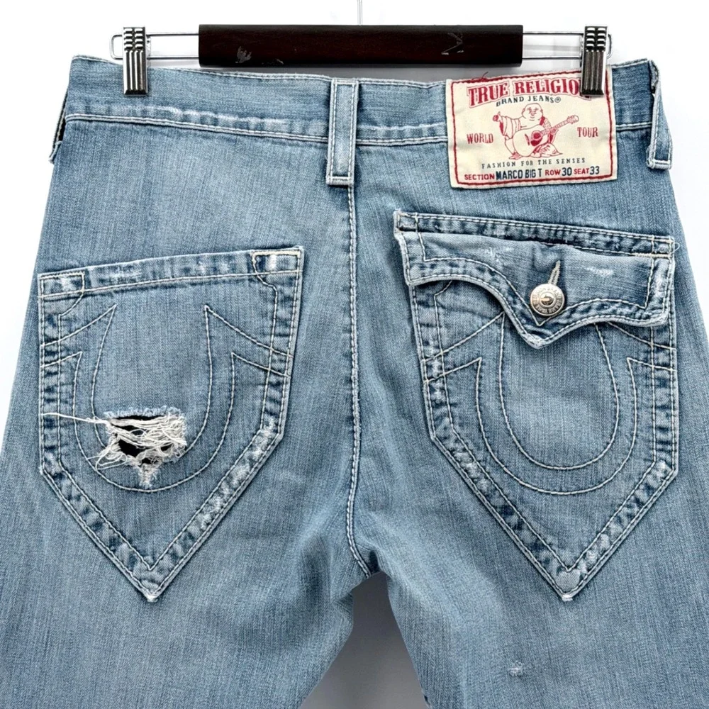 True Religion Marco Big T Jeans Mens 30 Light Wash Blue‎ Distressed Straight